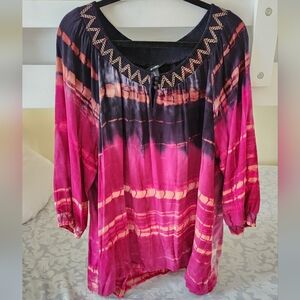 Ali Miles Tunic Top Womens Colorful Smocked Hippie Embroidered Artsy Boho 2X